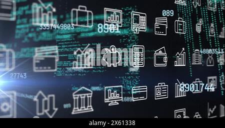 Image of financial data processing and rows of business icons over dark background Stock Photo