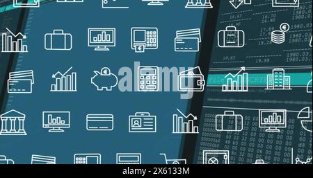 Image of financial data processing and rows of business icons over dark background Stock Photo