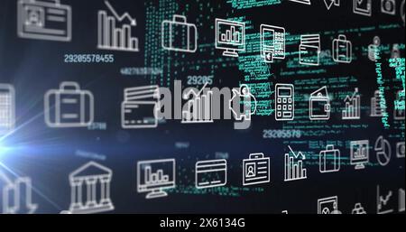 Image of financial data processing and rows of business icons over dark background Stock Photo