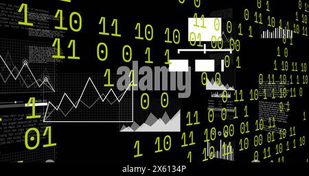 Image of binary coding data processing and statistics over black background Stock Photo