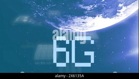 Image of 6g text and data processing over globe Stock Photo