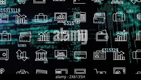 Image of financial data processing and rows of business icons over dark background Stock Photo