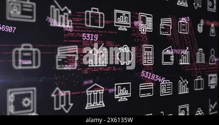 Image of financial data processing and rows of business icons over dark background Stock Photo