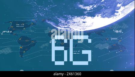 Image of 6g text and data processing over globe Stock Photo