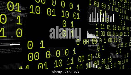 Image of binary coding data processing and statistics over black background Stock Photo