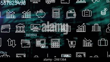 Image of financial data processing and rows of business icons over dark background Stock Photo
