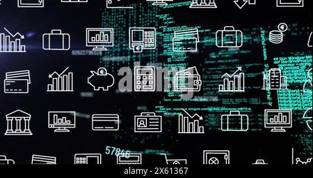 Image of financial data processing and rows of business icons over dark background Stock Photo