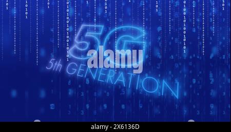 Image of 5g text and data processing over blue background Stock Photo