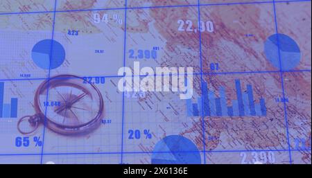 Image of financial data processing over world map Stock Photo