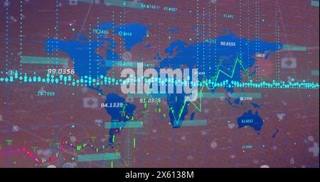 Image of statistic charts and data processing over continents on pink background Stock Photo