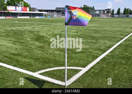 Aalter, Belgium. 11th May, 2024. corner flag in rainbow colours pictured during a female soccer game between Club Brugge Dames YLA and KRC Genk Ladies on the 8th matchday in play-off 1 of the 2023 - 2024 season of the Belgian Lotto Womens Super League, on Saturday 11 May 2024 in Aalter, BELGIUM . Credit: sportpix/Alamy Live News Stock Photo