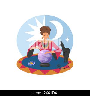 Female fortune teller telling of destiny and fate from magic crystal ball vector illustration Stock Vector