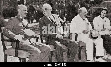 From left to right, Chiang Kai-Shek, President Roosevelt, Winston Churchill and Mme. Chiang Kai-Shek, seen here in North Africa, 1943. The meeting was for the purpose of issuing a statement on Allied policy regarding the war against Japan. Chiang Kai-shek, 1887 –1975. Chinese politician, revolutionary, and military leader of the Republic of China (ROC) and Generalissimo of the National Revolutionary Army.  Franklin Delano Roosevelt, 1882 – 1945, aka FDR.  American statesman, political leader and 32nd president of the United States.  Sir Winston Leonard Spencer-Churchill, 1874 –1965. Stock Photo