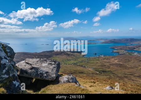 The view south across Castlebay and Vatersay to Mingulay from Heaval on The Isle of Barra. Stock Photo