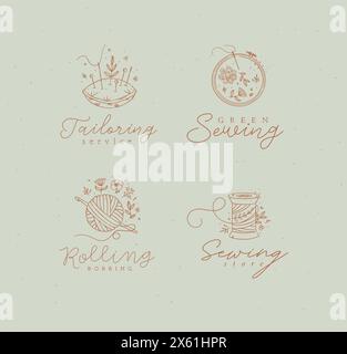 Sewing labels pillow with needles, embroidery circle, ball and skein of thread with lettering drawing in floral style on turquoise background Stock Vector