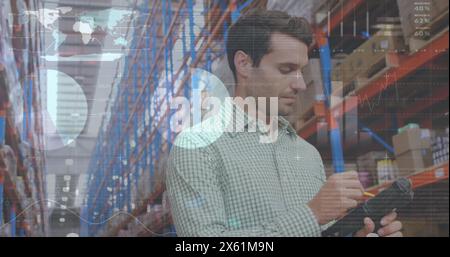 Image of infographic interface over caucasian man checking inventory in warehouse Stock Photo