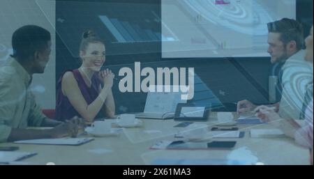 Image of infographic interface over diverse colleagues discussing ideas and project in boardroom Stock Photo