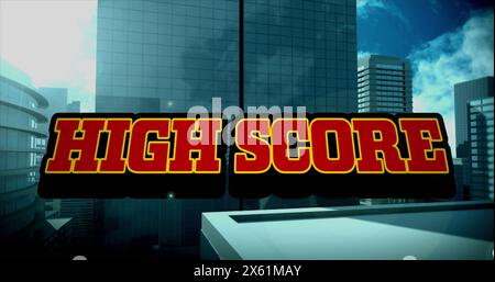 Image of red text high score, over explosion and cityscape Stock Photo
