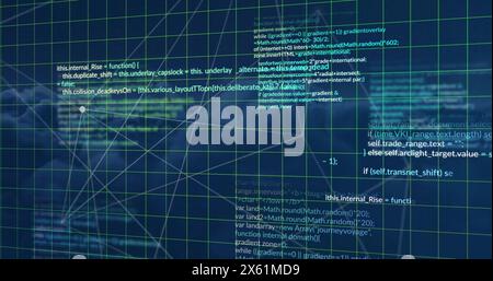Image of connected dots and computer language with grid pattern over abstract background Stock Photo