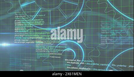 Image of mechanical gears, lens flares and computer language over abstract background Stock Photo