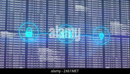 Image of flowchart of icons with changing numbers and computer language over abstract background Stock Photo