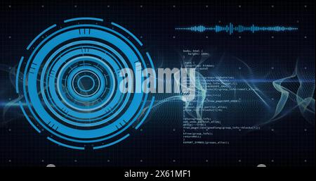 Image of loading circles, soundwave, abstract pattern, computer language over black background Stock Photo