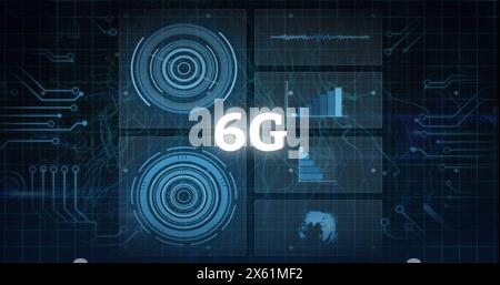 Image of 6g text, graphs, loading circles and circuit board pattern over black background Stock Photo