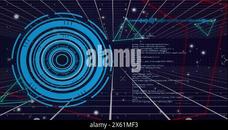 Image of connected dots triangles, loading circles and computer language over black background Stock Photo