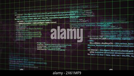 Image of grid pattern and computer language over black background Stock Photo