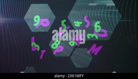 Image of changing green numbers and purple letters over grey hexagons and dark background Stock Photo