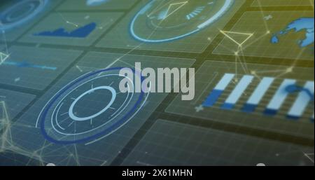 Image of globe, loading circles, graphs and connected dots over abstract background Stock Photo