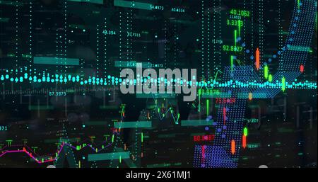Image of statistic charts and data processing on black background Stock Photo