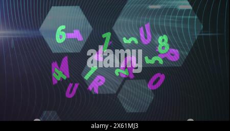 Image of changing green numbers and purple letters over grey hexagons and dark background Stock Photo