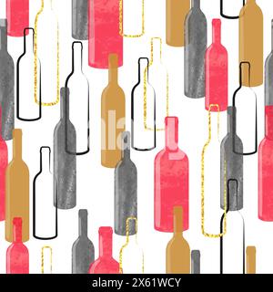 Wine bottles seamless pattern. Vector watercolor illustration, good for bar menu design Stock Vector