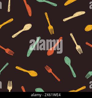 Colorful doodle spoon, knife and fork seamless pattern. Vector illustration Stock Vector