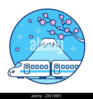 High speed bullet train, mount Fuji and sakura blossom, symbols of Japan. Cartoon doodle in simple flat line icon style. Vector illustration. Stock Vector