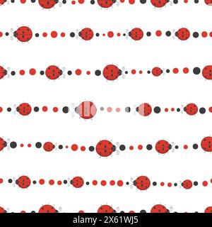 Seamless cute ladybug pattern. Vector striped background, textile, fabric design Stock Vector
