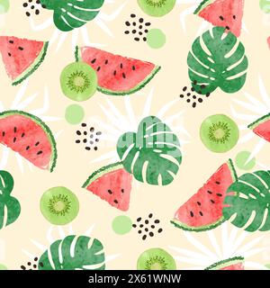 Seamless tropical pattern with kiwi fruit and watermelon slices. Summer background Stock Vector
