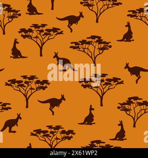 Seamless australian pattern with kangaroo and tree silhouettes. Vector illustration Stock Vector