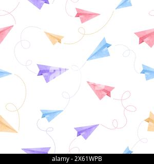 Colorful paper airplanes pattern. Vector doodle illustration with watercolor planes Stock Vector