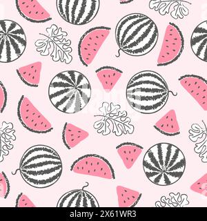 Hand drawn watermelon pattern. Seamless vector fruit background Stock Vector