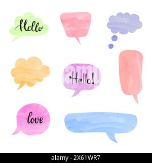 Colorful speech bubbles set. Watercolor thought balloons vector illustration Stock Vector