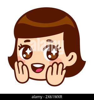 Happy excited girl face with sparkling eyes. Cute cartoon anime character emoji. Isolated vector clip art illustration. Stock Vector