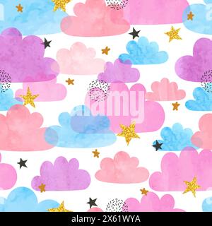 Seamless vector colorful watercolor clouds and stars pattern Stock Vector