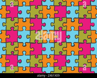 Hand drawn colorful puzzle pattern. Jigsaw pieces vector  seamless background Stock Vector