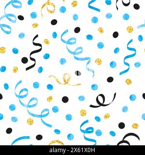 Confetti and serpentine ribbons pattern. Seamless vector celebration background. Party design in blue and golden colors Stock Vector
