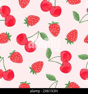 Strawberry and cherry pattern. Seamless summer background with watercolor red berries Stock Vector