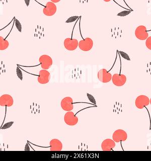 Seamless cherry pattern. Vector summer background with red berries Stock Vector