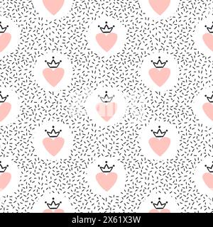 Seamless princess pattern with pink hearts and crowns. Vector illustration. Nursery design Stock Vector