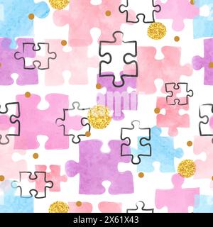Seamless puzzle pattern. Vector colorful watercolor illustration with puzzle pieces Stock Vector